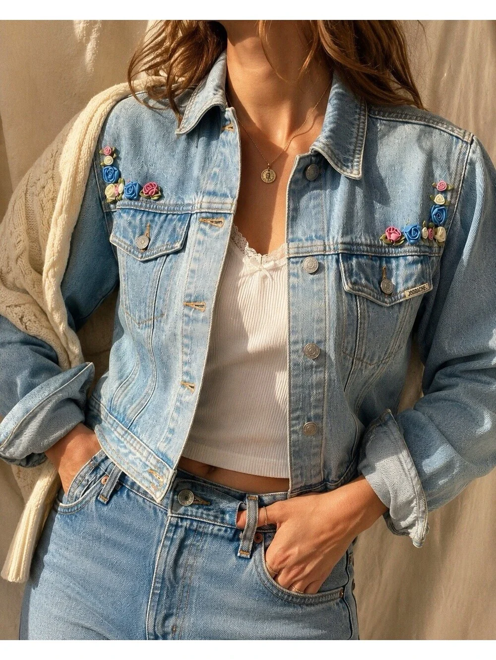 Vintage Jordache Floral Ribbon Denim Trucker Jacket Cropped Y2K Cottagecore